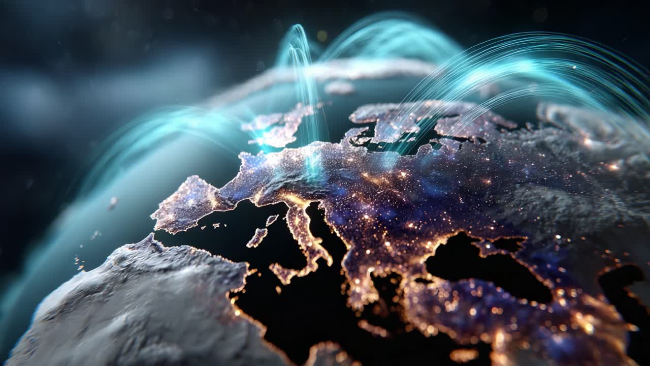A Stunning Visual Representation of Global Connectivity Above Europe with Glowing Network Lines Connecting Major Cities and Highlighting Technological Interaction