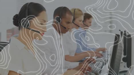 Animation-of-moving-lines-over-business-people-wearing-phone-headsets