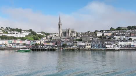 Wide-panorama-the-view-from-water,-Cobh-town-near-Cork-in-Ireland