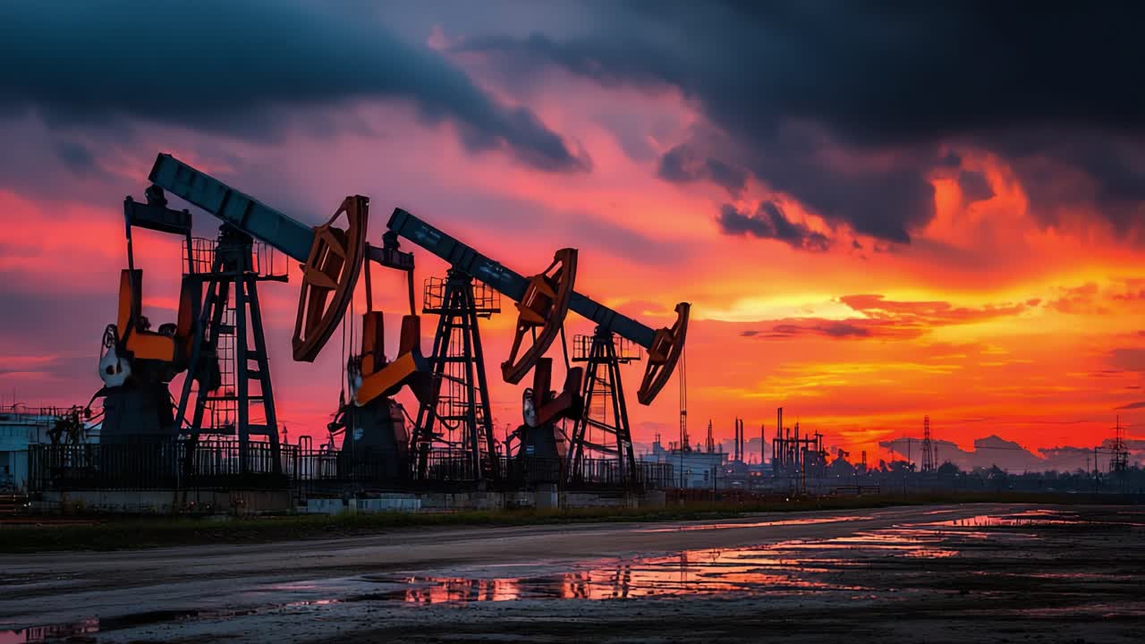 Un majestuoso atardecer sobre bombas petroleras: Capturando los colores vibrantes y el paisaje industrial de la extracción de petróleo bajo cielos impresionantes