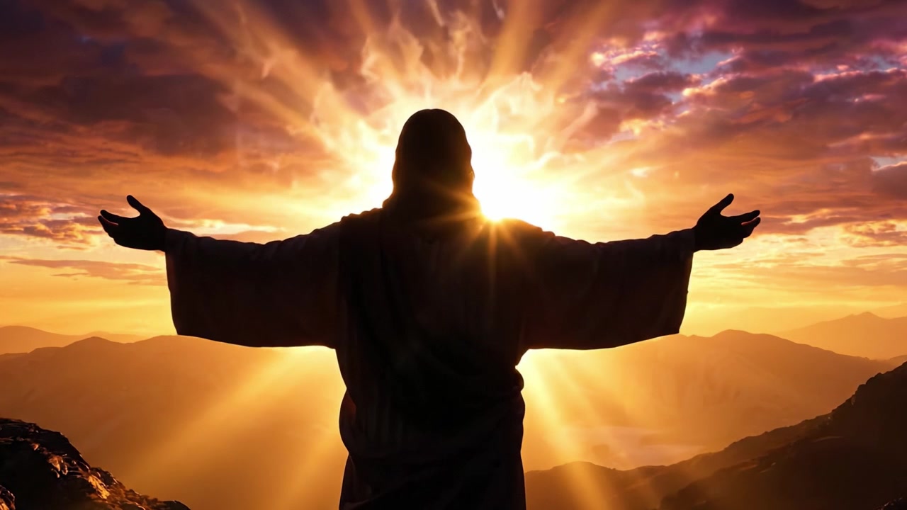 Un Incontro Sereno con la Divinità: Una Maestosa Silhouette Contro un'Alba Gloriosa, che Cattura l'Essenza di Speranza, Fede e Risveglio Spirituale nel Mondo Naturale