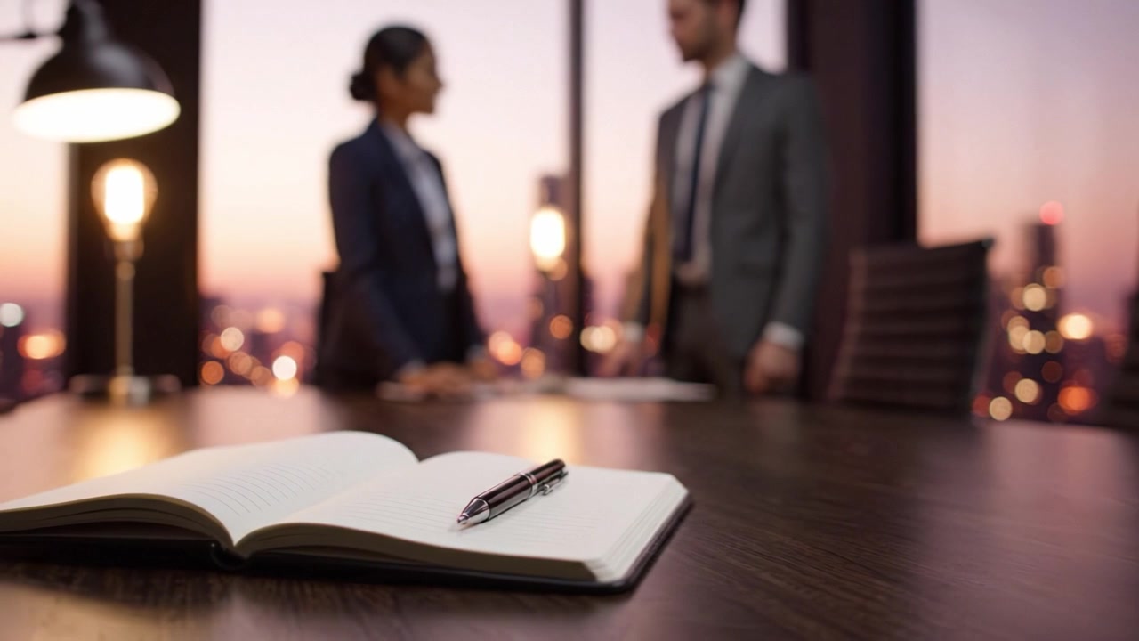 Conclusión de una reunión de negocios: Una mujer profesional discute puntos clave con un colega al atardecer en un entorno de oficina moderno.