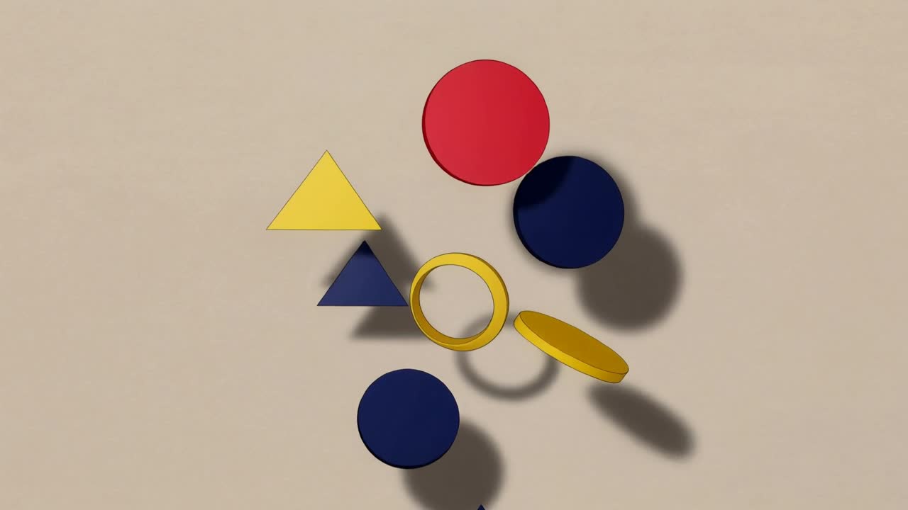 Dropping in red yellow blue shapes entering center, rotating and splitting over stacked typography