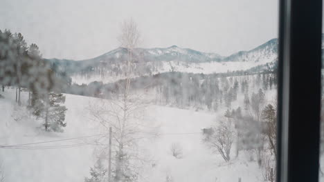 winter landscape with forestry mountains seen out window