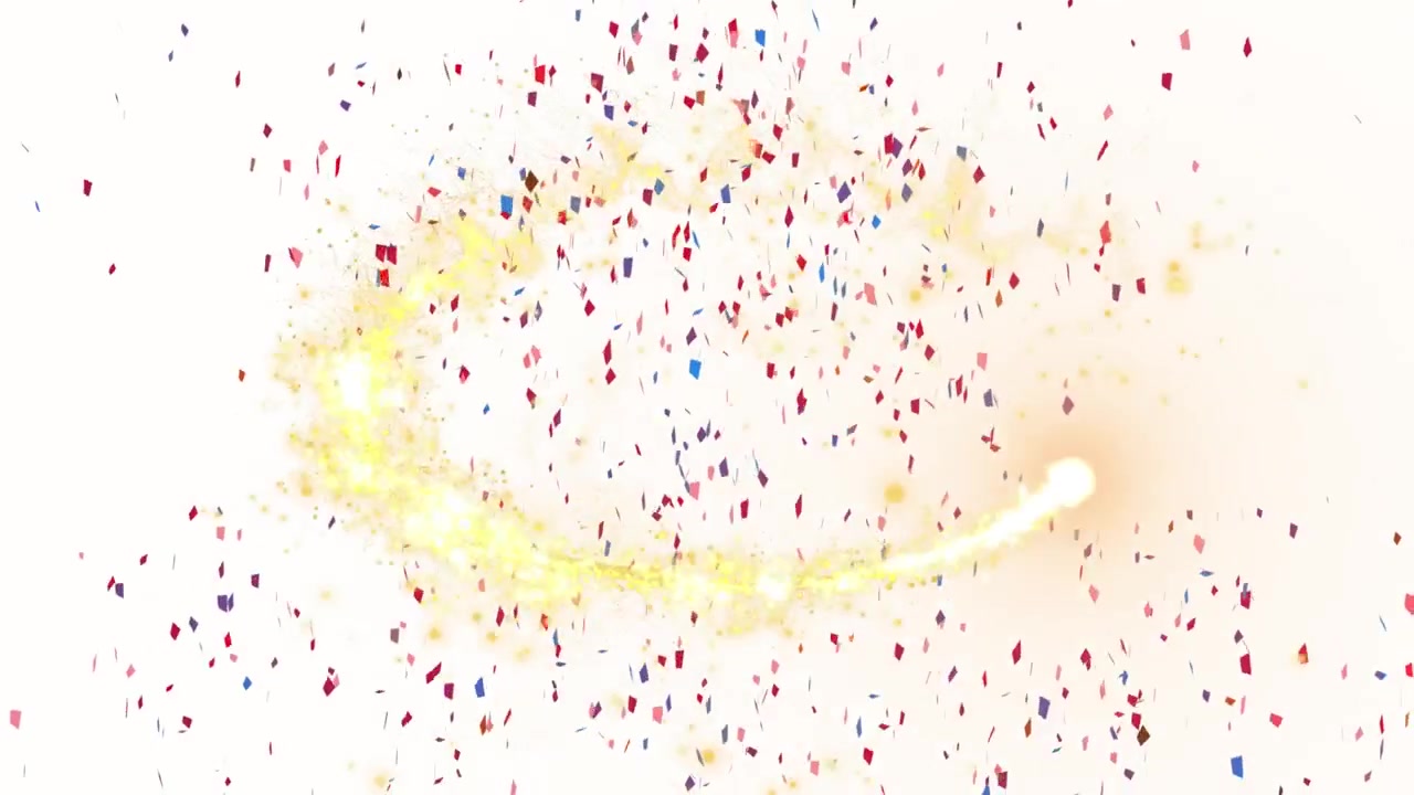 Multi-colored glitter particles create a hypnotic celebration on a black background.