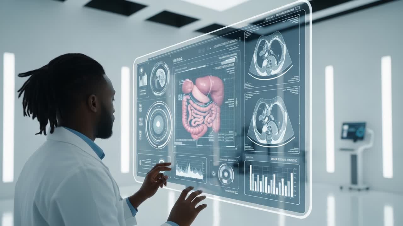 A Medical Professional Analyzing a Digital Display of Human Anatomy and Health Data in a Futuristic Laboratory Environment