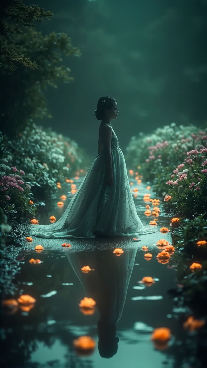 Enchanted Path: A Young Girl Amidst Glowing Flowers