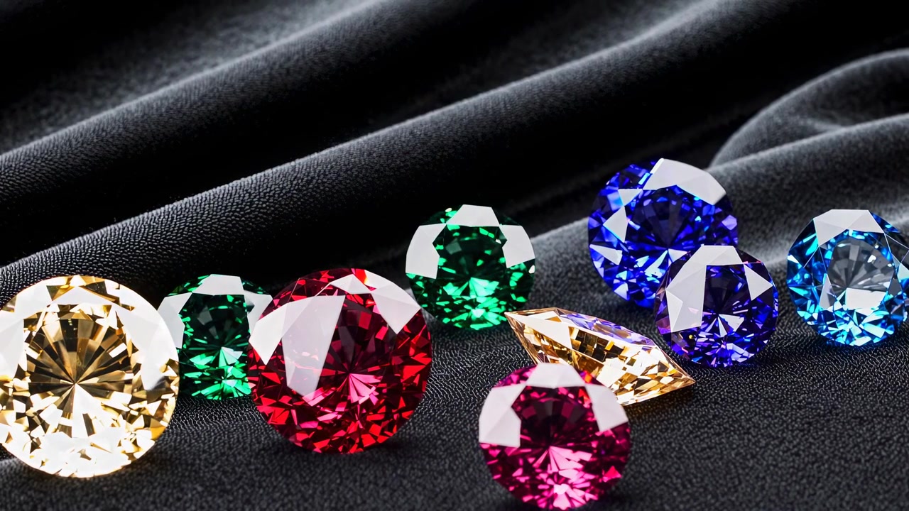 Collezione di gemme colorate scintillanti su tessuto scuro