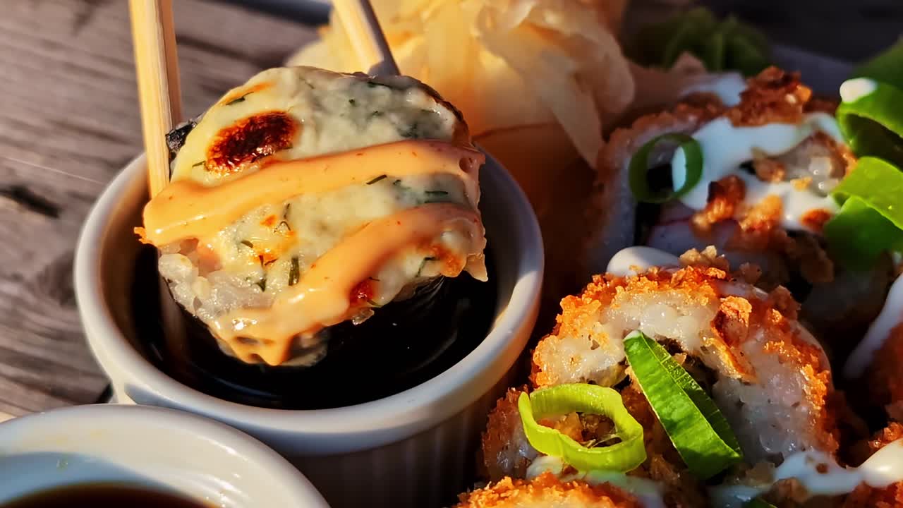Close-up of sushi being dipped in soy sauce on a sunny day