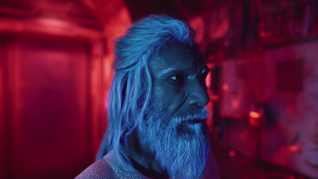 Close Up Portrait of a Man with Long White Hair and Beard