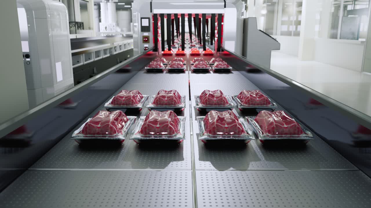 vassoi di carne cruda confezionati su un nastro trasportatore in una fabbrica