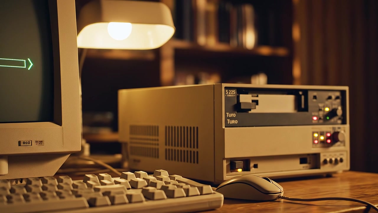 Vintage Retro Personal Computer Setup with Mechanical Keyboard on Desk