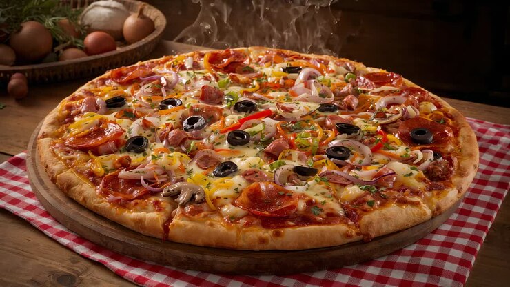 Fine del timer del forno, pizza fumante con condimenti che si raffredda su un tavolo su una tavola sopra una tovaglia a scacchi, cesto