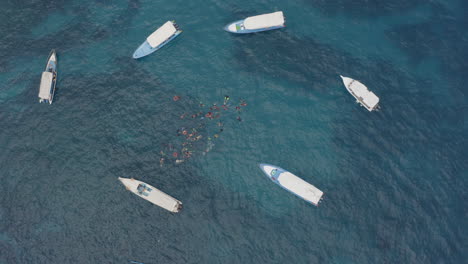 Static top view of group of snorkelers in blue water at the coral reef shoals, surrounded by tourist boats, Nusa Penida, Bali, Indonesia. Aerial shot