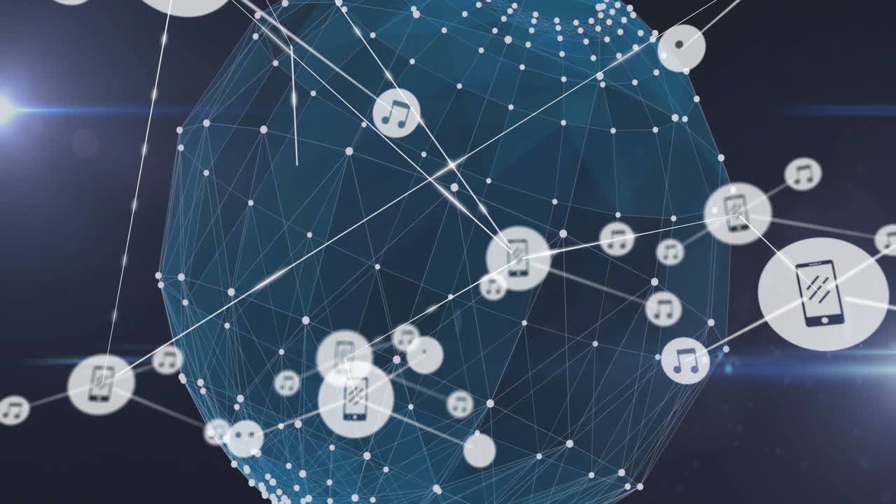 Animation of digital network with music and smartphone icons connecting over globe