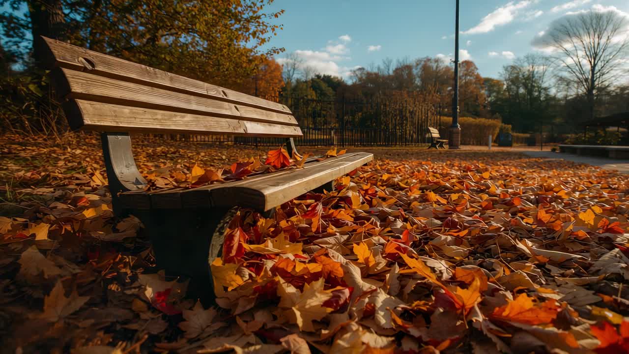 Moving camera capturing wooden slatted bench at park in autumn, with fallen leaves