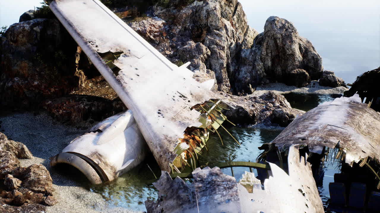 restos de un avión en una playa rocosa