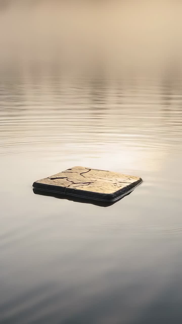 Vídeo vertical: Plataforma quadrada texturizada a balançar na lagoa, com ondulações a expandir-se lentamente.