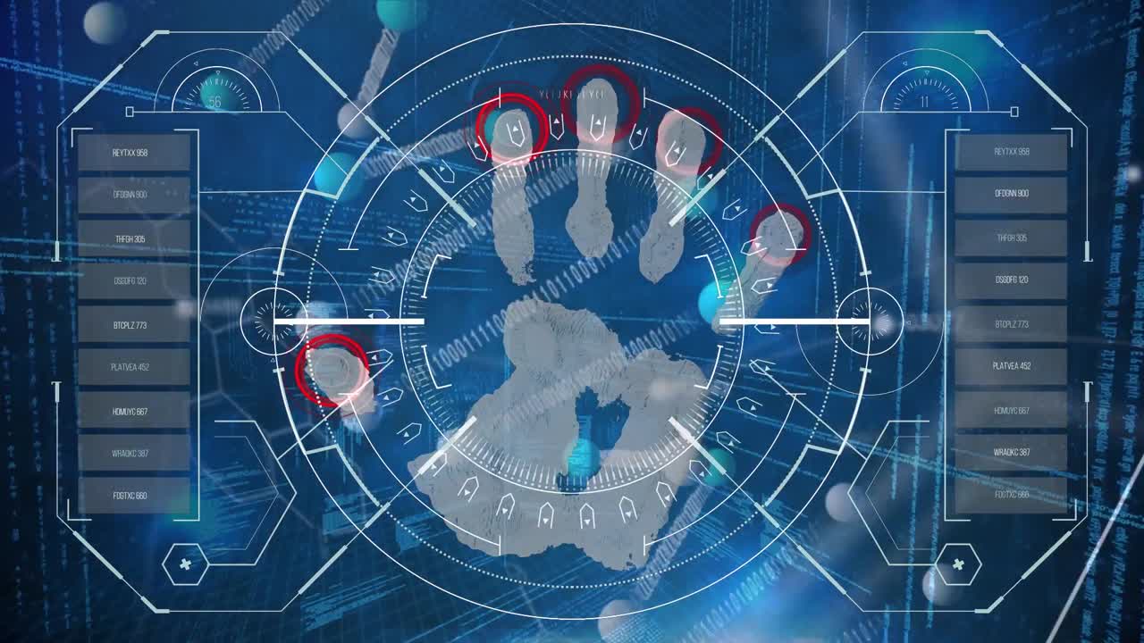 animación de la cadena de adn, datos diversos, mano y seguridad biónica sobre fondo azul