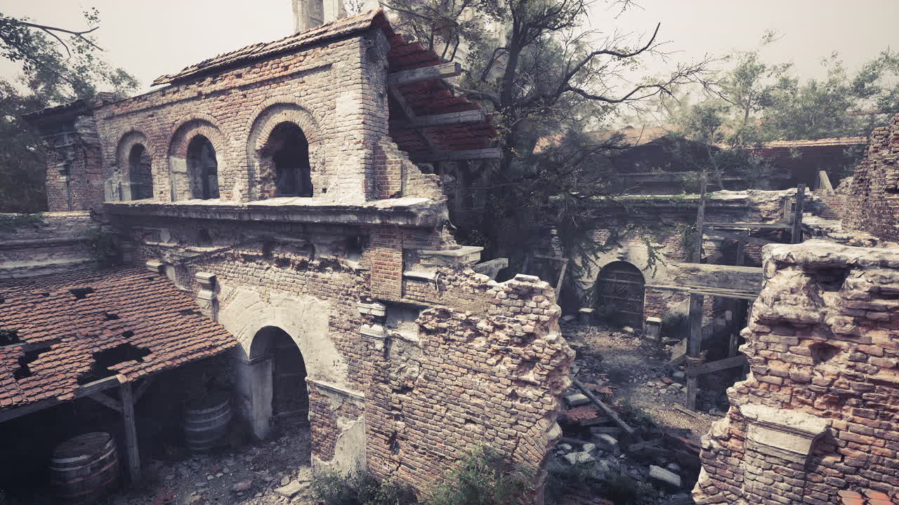 Ruins of an old structure in a forgotten urban landscape at dusk