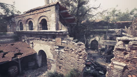 ruins of an old structure in a forgotten urban landscape at dusk