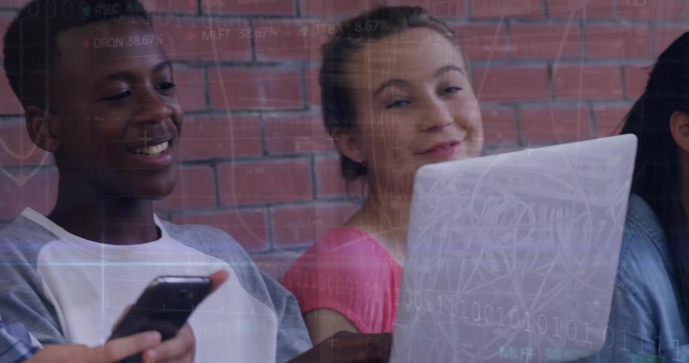 Animation of colourful puzzle pieces and autism text over kids friends using electronic devices