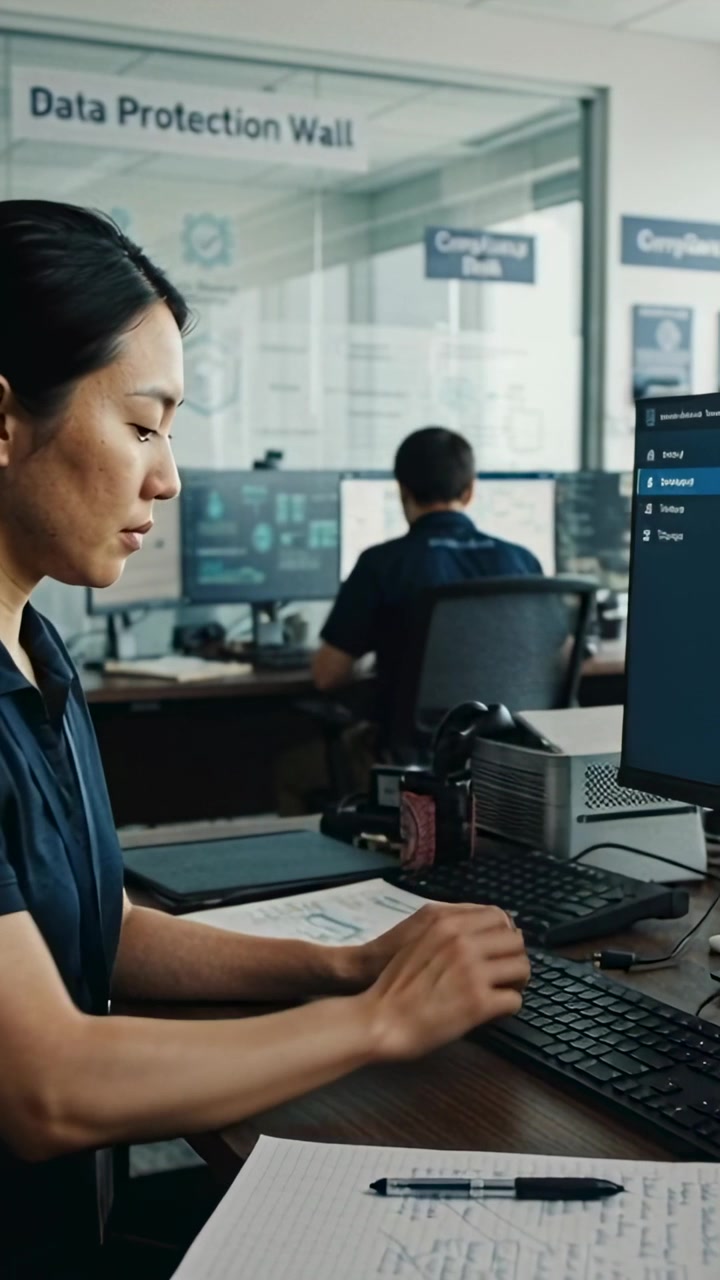 Lodret video: Asiatisk analytiker i marineblå top starter overvågning, klikker og taster ved et operationsskrivebord med en notesbog.