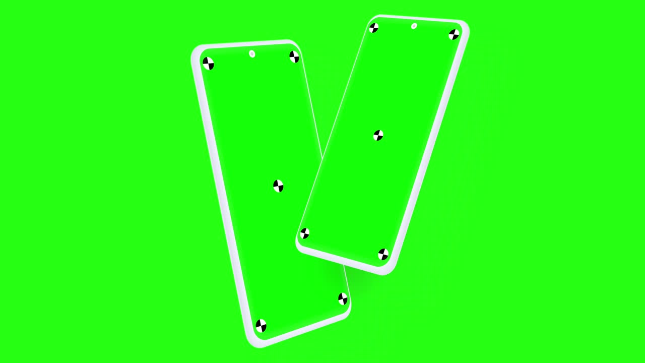 초록색 배경을 가진 두 개의 스마트폰의 3d 렌더링, 화면에서 회전, 쉽게 키를 기 위해 초록색 화면, 컴퓨터 생성 이미지, 쉽게 사용자 정의.