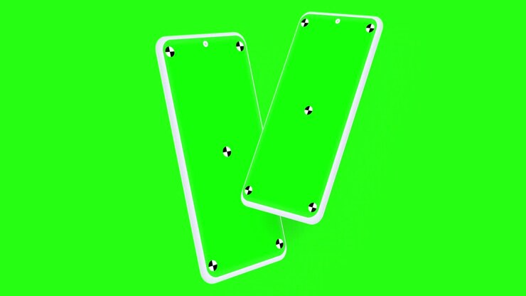 3D render of two smartphones with a green background. Rotating in screen. With a green screen for easy keying. Computer-generated image. Easy customizable.