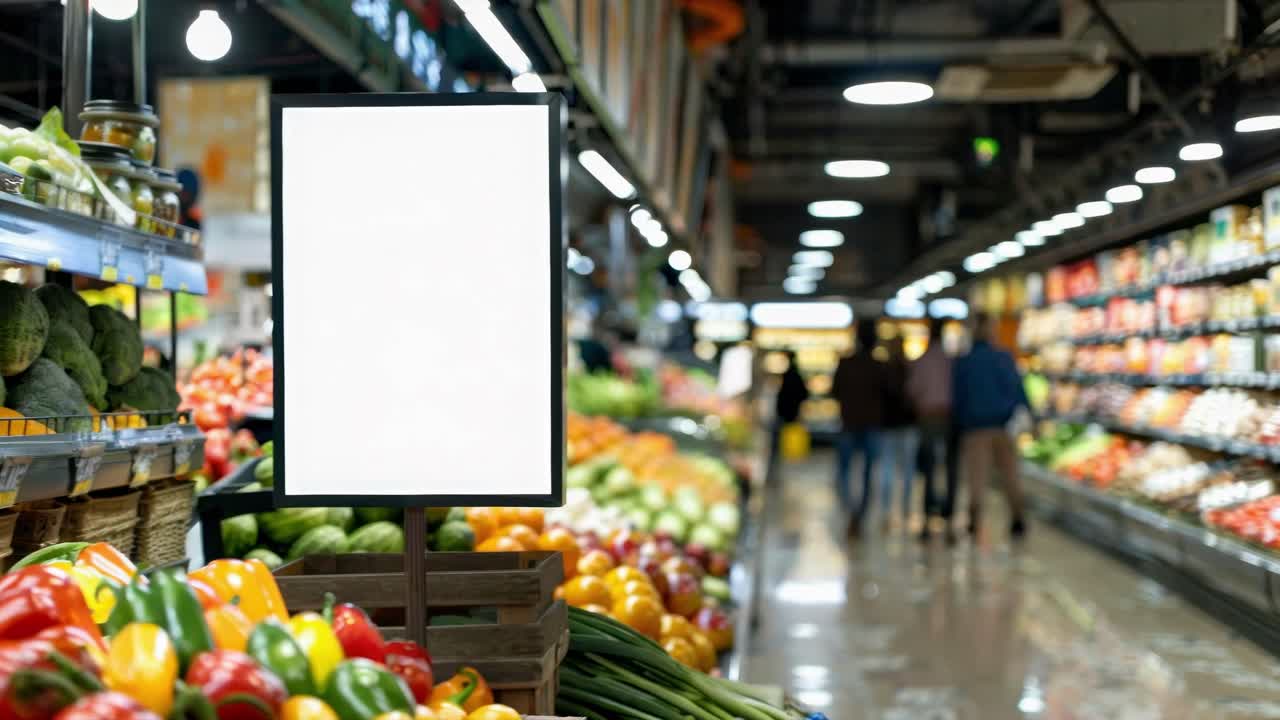 Ripresa video grandangolare del corridoio di un supermercato con prodotti freschi, con un cartello vuoto