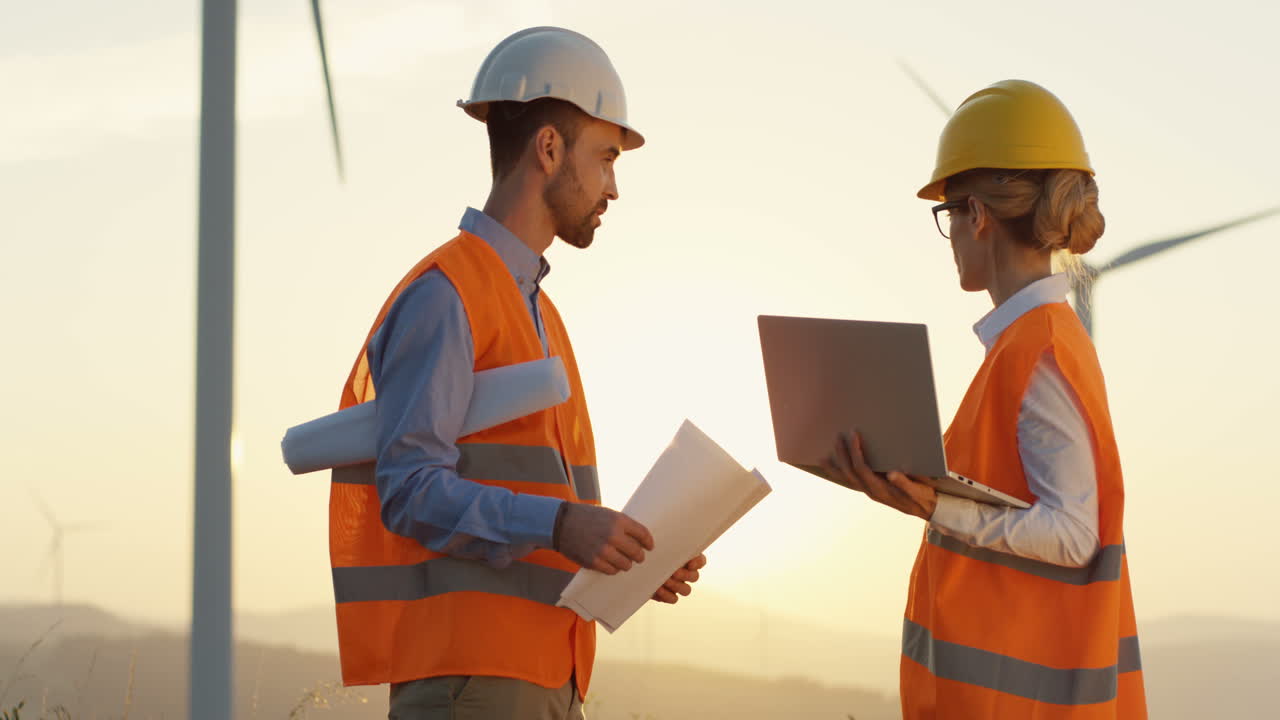 Caucasian male and female engineers in helmet and uniform using laptop and looking at blueprints while talking at wind station of renewable energy