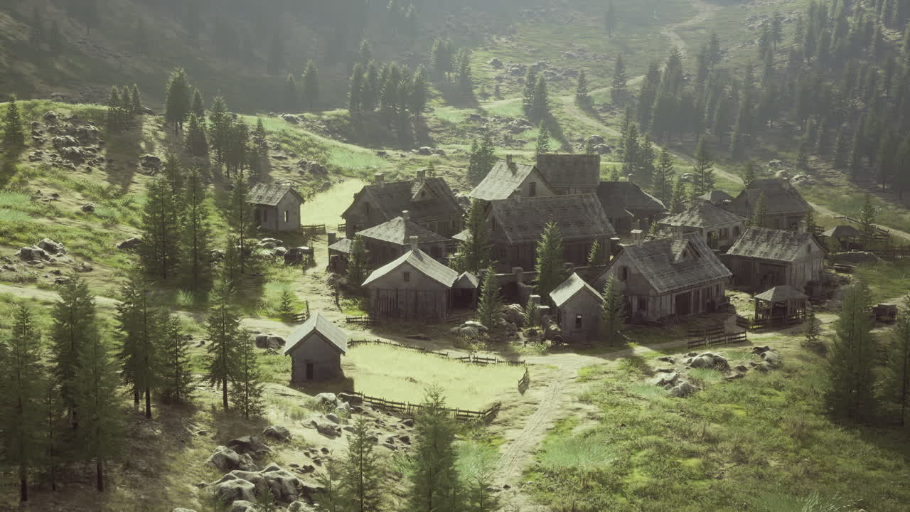 Enchanting village nestled in tranquil mountains under a bright sky