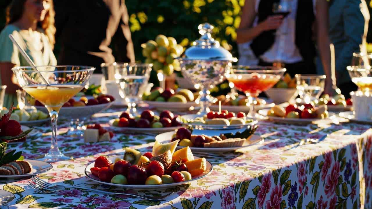 Festa in giardino all'aperto con tovaglia floreale, vassoi di frutta e bevande.