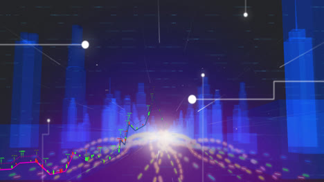 Light-trails-moving-over-3d-city-model-against-blue-background