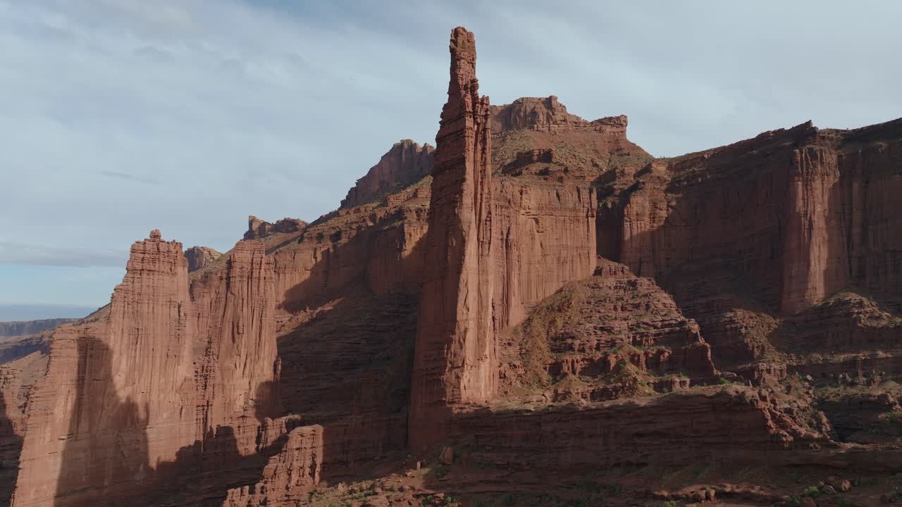 Aerial view of Moab Utah's red rock formations at Fisher Towers during sunrise