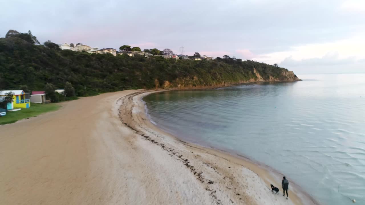 drone bajo sobre la playa persona paseando perro cajas de playa con vista a la bahía azul plataforma rodante hacia adelante