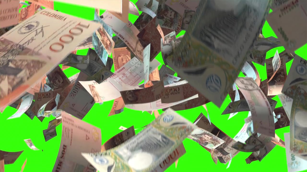 Falling Colombian Pesos Banknotes on Green Screen