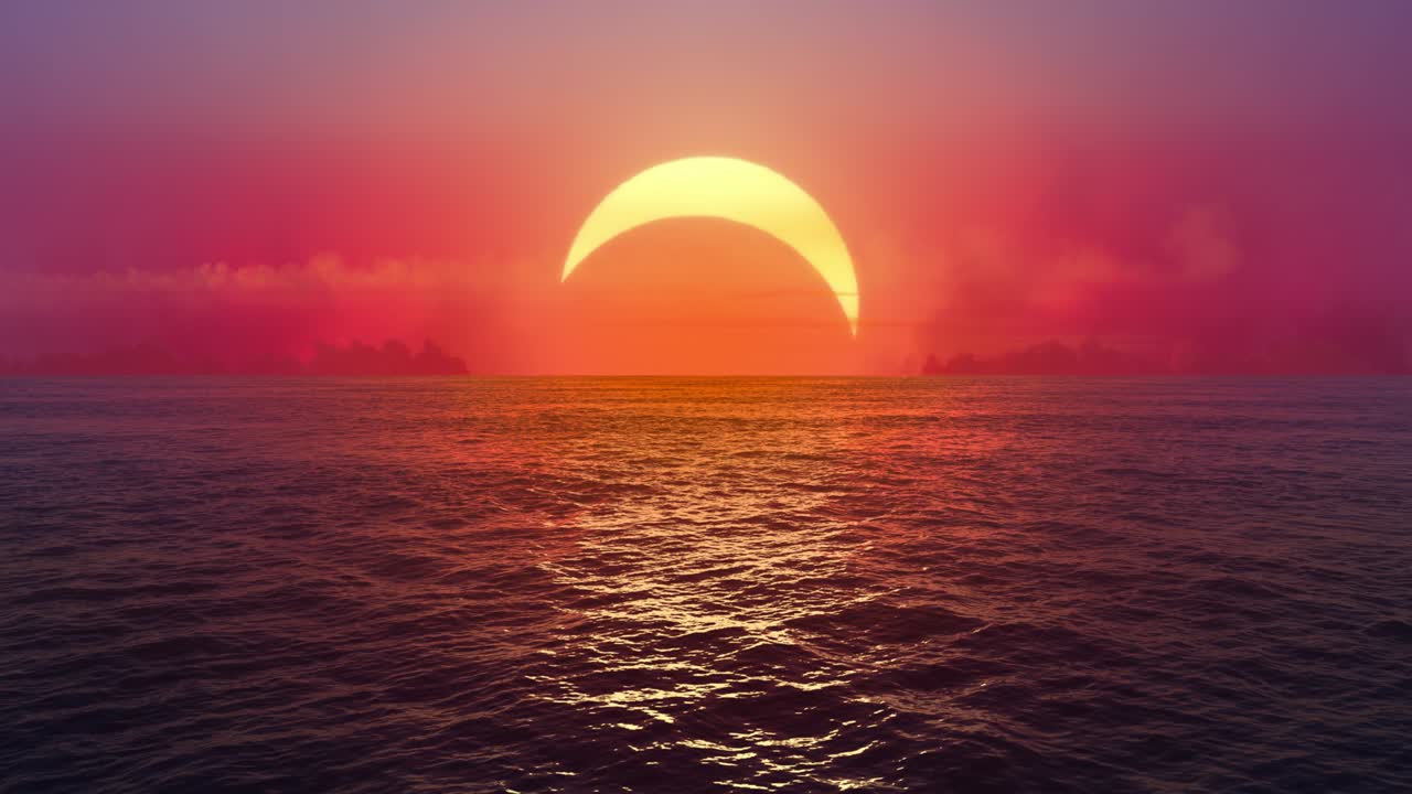 Sunset and solar eclipse over seamlessly looped ocean.