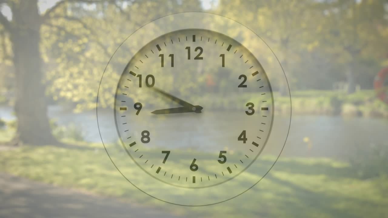 Clock overlay emerging and advancing minute and hour hands, demonstrating time passage in park