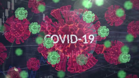 animación de la palabra covid-19 con la propagación de células de coronavirus y gráficos en el fondo