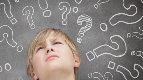 animation of thoughtful caucasian boy looking up, with question marks on chalkboard