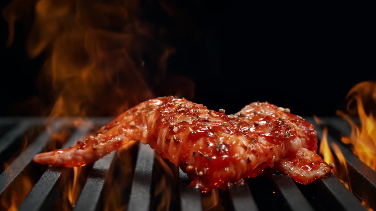ala de pollo marinada y sazonada cayendo sobre la parrilla en llamas a cámara lenta sobre el fondo negro