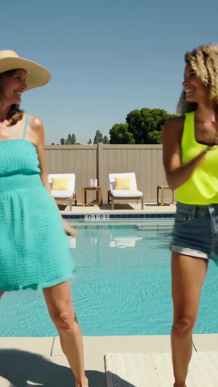 Vertikales Video: Linkes Knie anheben, zwei Frauen üben Schritte, klatschen und präsentieren einen Poolhut.