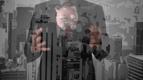 animación de edificios de la ciudad moderna sobre un hombre de negocios lanzando y atrapando una alcancía
