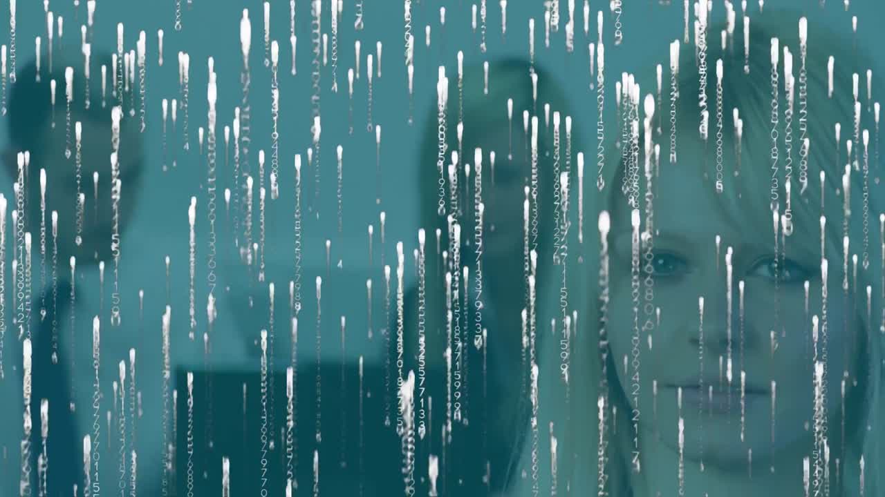 카메라를 바라보는 백인 여성 의사 위에 떨어지는 빛의 애니메이션