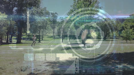 animation of digital screen and data processing over fit woman running