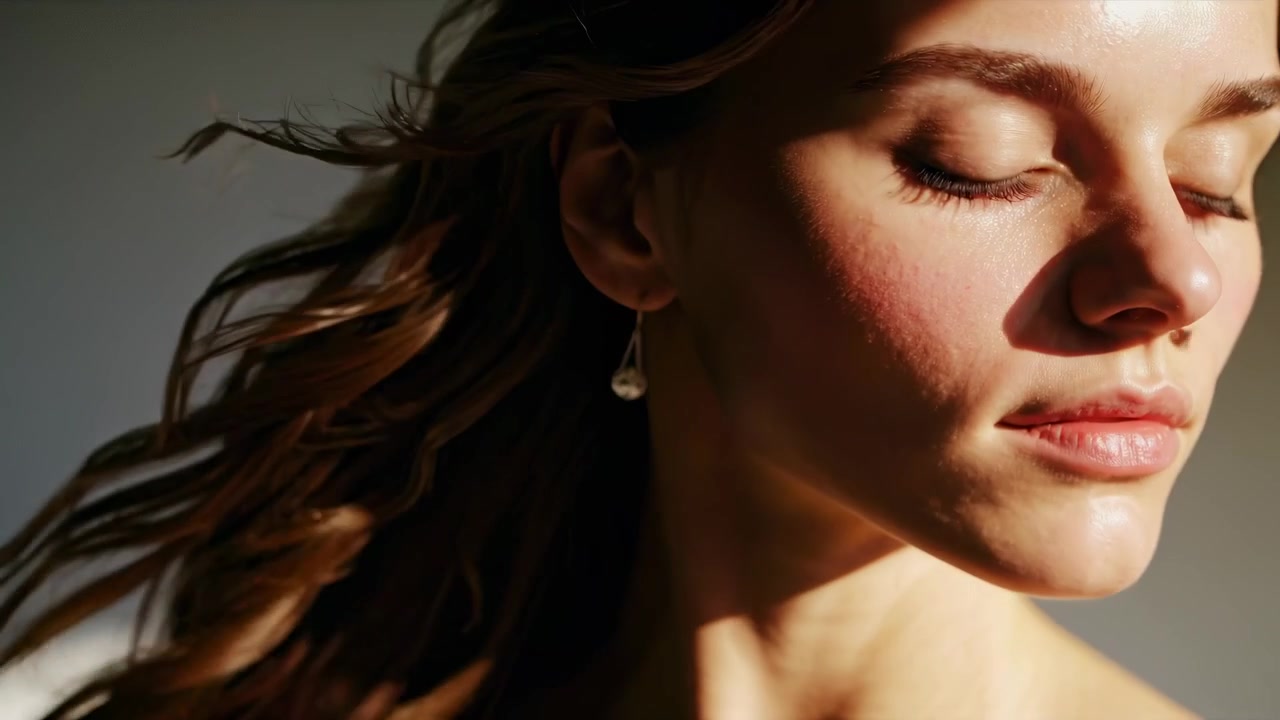 Ritratto ravvicinato di una giovane donna con la luce del sole sul viso