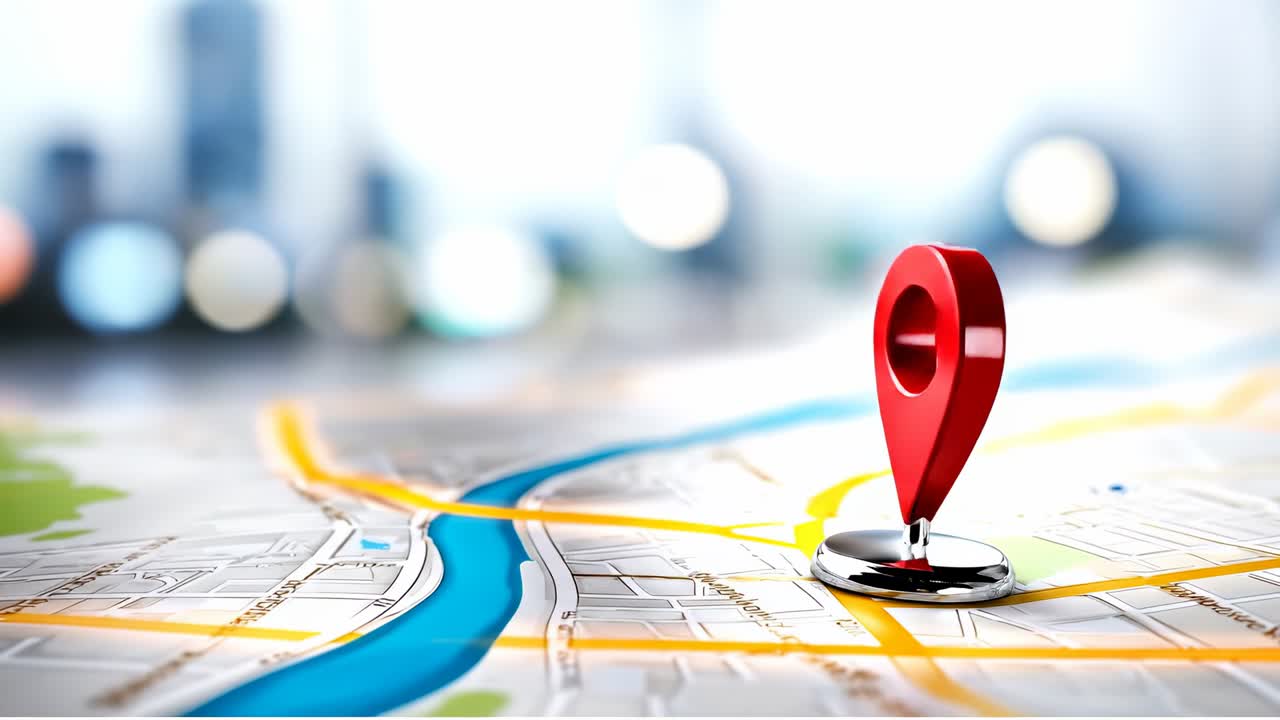 Mappa che mostra un segnaposto su strade cittadine. Un segnaposto rosso è posizionato su una mappa della città con strade e un fiume in vista. Questa scena suggerisce navigazione ed esplorazione.