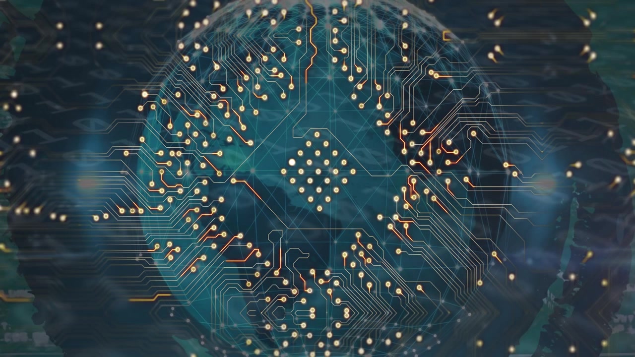 Animation of computer circuit board with globe and data processing on black background
