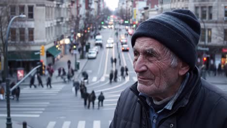 an elderly man stands on an elevated viewpoint, watching pedestrians and vehicles on a busy city street as it transitions to evening. the urban landscape is alive with movement.
